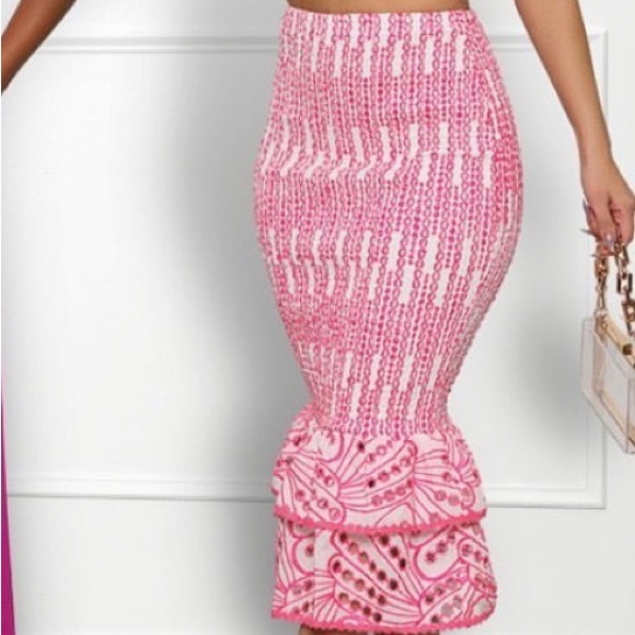 Pink Shirred Bodycon Ruffle Matching Crop Top and Skirt Set - Picture 2 of 10